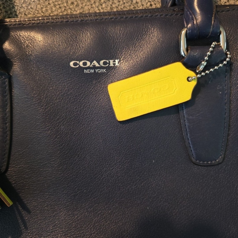 Coach Navy Leather Shoulder Bag with Yellow Tassel - Picture 3 of 14